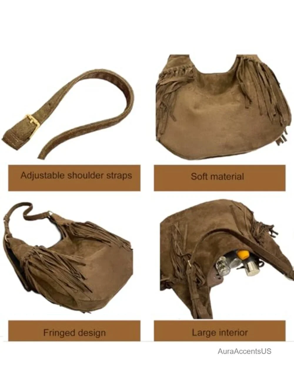 Faux Suede Crescent Hobo Bag with Tassels Adjustable Strap